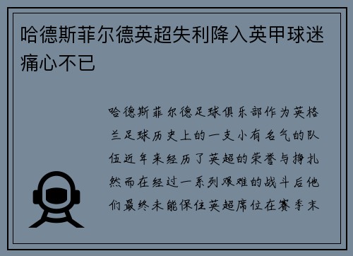 哈德斯菲尔德英超失利降入英甲球迷痛心不已