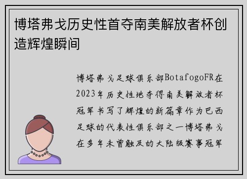 博塔弗戈历史性首夺南美解放者杯创造辉煌瞬间